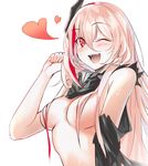  ;d bandana bangs blush breasts eyebrows_visible_through_hair fangs girls_frontline hair_between_eyes hair_censor hair_over_breasts hand_up headgear heart highres long_hair looking_at_viewer m4_sopmod_ii_(girls_frontline) medium_breasts multicolored_hair one_eye_closed open_mouth pink_hair red_hair simple_background smile snowru solo streaked_hair teeth topless torn_clothes upper_body very_long_hair white_background 
