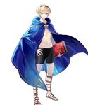  abs blonde_hair book cape fire_emblem fire_emblem_heroes fire_emblem_if full_body hairband highres leon_(fire_emblem_if) male_focus navel official_art red_eyes sandals shirtless solo swimsuit tobi_(kotetsu) tomato transparent_background 