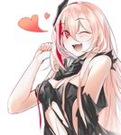  ;d bandana bangs blush breasts commentary eyebrows_visible_through_hair fangs girls_frontline hair_between_eyes hand_up headgear heart highres long_hair looking_at_viewer m4_sopmod_ii_(girls_frontline) medium_breasts multicolored_hair one_eye_closed open_mouth pink_hair red_hair simple_background smile snowru solo streaked_hair teeth torn_clothes upper_body very_long_hair white_background 