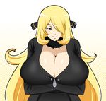  00s 1girl artist_request black_clothes blonde_hair blush breasts cleavage female hair_ornament hair_over_one_eye huge_breasts lips long_hair looking_at_viewer pokemon pokemon_(anime) pokemon_(game) pokemon_dppt shiny shiny_skin shirona_(pokemon) simple_background smile solo upper_body very_long_hair 