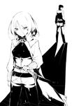  1girl absurdres belt bob_cut bodysuit breasts character_request closed_mouth coat copyright_request duoyuanjun frown greyscale hair_between_eyes half-closed_eyes highres medium_breasts monochrome open_clothes open_coat pantyhose sheath sheathed short_hair shorts standing sword tsurime weapon 