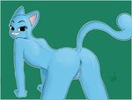  absurd_res anthro anus atherol black_eyes blue_fur border butt cartoon_network cat digital_media_(artwork) feline female fur green_background hi_res looking_at_viewer looking_back mammal nicole_watterson nude pink_nose presenting pussy simple_background smile solo the_amazing_world_of_gumball whiskers white_border white_outline 