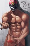  1boy abs against_wall cum cum_on_body erection helmet invitation mask muscle nude penis solo 