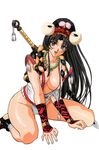  bead_necklace beads black_hair breasts center_opening fundoshi highres japanese_clothes jewelry large_breasts long_hair looking_at_viewer mask mask_on_head necklace open_mouth original simple_background sleeveless solo sword weapon white_background yin_yang yoshizane_akihiro 