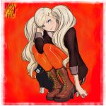 1girl big_hair blonde_hair blue_eyes boots brown_footwear brown_jacket cat character_request closed_mouth dated full_body hair_ornament hairclip head_tilt high_heel_boots high_heels highres ikeda_(cpt) jacket long_hair long_sleeves looking_at_viewer pantyhose persona persona_5 red_background red_legwear smile solo squatting takamaki_anne twintails 