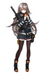  bangs black_footwear black_legwear black_scarf black_skirt blush boots brown_eyes closed_mouth commentary crossed_bangs eyebrows_visible_through_hair full_body gift girls_frontline grey_hair gun h&amp;k_ump hair_between_eyes hands_up heckler_&amp;_koch holding holding_gift holding_gun holding_weapon long_hair looking_at_viewer miniskirt official_art one_side_up pleated_skirt scar scar_across_eye scarf simple_background skirt smile solo standing striped striped_scarf striped_sweater submachine_gun sweater thighhighs ump45_(girls_frontline) valentine very_long_hair weapon white_background zagala zettai_ryouiki 