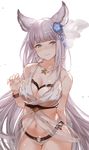  absurdres animal_ears arm_behind_back bangs bare_shoulders blue_eyes blunt_bangs blush bracelet breasts bright_pupils brooch cleavage cowboy_shot erune flower granblue_fantasy hair_flower hair_ornament hana_mori highres jewelry korwa large_breasts long_hair navel o-ring o-ring_bikini parted_lips silver_hair simple_background smile solo very_long_hair white_background 