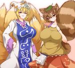  &gt;:) animal_ears bangs belly blonde_hair blush breasts brown_eyes brown_hair brown_shirt brown_skirt collarbone commentary_request cowboy_shot dress fox_tail frilled_sleeves frills futatsuiwa_mamizou glasses hand_on_hip hat kyuubi large_breasts leaf leaf_on_head long_sleeves looking_at_viewer multiple_girls multiple_tails pandain parted_lips pillow_hat pince-nez plump raccoon_ears raccoon_tail shirt short_hair skirt sleeveless sleeveless_shirt smile tabard tail touhou v-shaped_eyebrows white_dress wide_sleeves yakumo_ran 