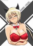  1girl blonde_hair blush breasts bunnysuit cat_ears green_eyes hanna_rudel large_breasts scar solo strike_witches world_witches_series 