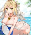  ahoge arched_back ass bad_id bad_pixiv_id ball bangs beachball blonde_hair blue_sky blurry breasts bridal_veil chain cleavage closed_mouth cloud collarbone commentary_request day depth_of_field eyebrows_visible_through_hair fate/extra fate/extra_ccc fate_(series) green_eyes hair_intakes lace lace-trimmed_swimsuit large_breasts leaning_forward lock looking_at_viewer melang_b nero_claudius_(bride)_(fate) nero_claudius_(fate)_(all) outdoors padlock sky solo sparkle swimsuit thighhighs transparent veil water white_legwear white_swimsuit 
