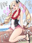  1girl blonde_hair boris_(noborhys) breasts clothed_sex clothing_aside cowgirl_position cum cum_in_pussy elise_(fire_emblem_if) fire_emblem fire_emblem_heroes fire_emblem_if flower flower_necklace girl_on_top hetero highres jewelry necklace one-piece_swimsuit ribbon sex small_breasts solo_focus straddling swimsuit swimsuit_aside twintails underwear 