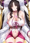  ass_visible_through_thighs bare_shoulders black_hair blush breasts cleavage collarbone commentary detached_sleeves eyebrows_visible_through_hair facial_mark fate/extra fate/extra_ccc fate_(series) forehead_mark hews_hack highres horns large_breasts legs_together lips long_hair looking_at_viewer mouth_hold navel ribbon sesshouin_kiara sideboob smile solo thigh_gap thighhighs thighs veil very_long_hair yellow_eyes 