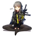  1girl armband character_name crossed_legs full_body girls_frontline grey_hair gun h&amp;k_ump heckler_&amp;_koch highres jacket long_hair narynn pantyhose sitting sling smile solo submachine_gun suppressor ump40_(girls_frontline) walkie-talkie weapon yellow_eyes 