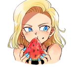  android_18 bare_shoulders blonde_hair blue_eyes blue_nails commentary_request dragon_ball dragon_ball_z earrings eating face food food_on_face fruit jewelry looking_to_the_side nail_polish seed short_hair simple_background solo tank_top tkgsize watermelon white_background 