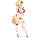  1girl bikini blonde_hair blue_eyes breasts curvy female flower glasses hair_flower hair_ornament huge_breasts looking_at_viewer potion_(moudamepo) shinohara_mari shiny_skin short_hair simple_background solo standing swimsuit taimanin_asagi_battle_arena white_background 