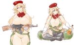  ak-47 ak47_(girls_frontline) alcohol assault_rifle bare_shoulders beret blonde_hair boots breasts cigarette cleavage commentary_request curvy girls_frontline gloves gun hat highres huge_breasts karakure_(kamo-nanban) long_hair pubic_hair rifle scarf simple_background solo thick_thighs thighs weapon white_background white_gloves wide_hips 