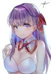  bangs bb_(fate)_(all) bb_(fate/extra_ccc) blush bra breasts cleavage closed_mouth detached_collar eyebrows_visible_through_hair fate/extra fate/extra_ccc fate_(series) hair_ribbon half_updo large_breasts long_hair looking_at_viewer mirutu neck_ribbon purple_eyes purple_hair red_ribbon ribbon signature simple_background smile solo strapless strapless_bra underwear upper_body white_background white_bra white_collar wing_collar 