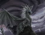  ambiguous_gender claws detailed_background dragon feral hair horn kodardragon membranous_wings open_mouth solo standing teeth tongue white_hair wings 