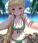  1girl bangs beach bikini blonde_hair blue_sky blush breasts cleavage cloud collarbone commentary_request day elf eyebrows_visible_through_hair front-tie_bikini front-tie_top green_bikini long_hair looking_at_viewer medium_breasts navel ocean open_mouth original outstretched_arms palm_tree pointy_ears purple_eyes sky solo standing swimsuit tenrai tree very_long_hair water wet wet_hair 