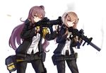  aiming brown_eyes brown_hair commentary eotech fingerless_gloves firing girls_frontline gloves gun h&amp;k_ump hair_ornament hairclip heckler_&amp;_koch highres jacket long_hair multiple_girls narynn one_side_up pantyhose scar scar_across_eye skirt smile submachine_gun suppressor trigger_discipline twintails ump45_(girls_frontline) ump9_(girls_frontline) weapon 