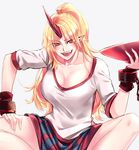  :d alternate_hairstyle blonde_hair blue_skirt breasts cleavage collarbone commentary_request cuffs cup highres horn hoshiguma_yuugi indian_style large_breasts long_hair looking_at_viewer mappe_(778exceed) open_mouth pointy_ears ponytail red_eyes sakazuki shackles shirt sitting skirt slit_pupils smile solo touhou tsurime v-shaped_eyebrows white_shirt 