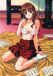  bra breasts brown_hair character_request high-waist_skirt highres idol_mahjong_final_romance_2 long_hair looking_at_viewer medium_breasts mole mole_under_mouth navel no_shoes non-web_source official_art pink_lips pleated_skirt red_eyes red_skirt sitting skirt solo sugiyama_genshou underwear wariza white_bra white_legwear 