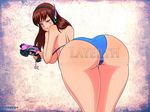  1girl ass bikini breasts brown_eyes brown_hair curvy d.va_(overwatch) facial_mark female from_behind gun headphones huge_ass layerth long_hair looking_at_viewer overwatch sideboob smile solo 