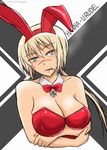 1girl blonde_hair blush breasts bunny_ears bunnysuit cigarette green_eyes hanna_rudel large_breasts scar smoking solo strike_witches world_witches_series 