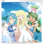  :d animal animal_on_head beach blonde_hair blue_eyes blue_hair blue_skirt blue_sky bounsweet closed_eyes cloud dark_skin day dress eye_contact facing_viewer gen_7_pokemon green_eyes green_hair hairband highres holding holding_animal holding_hands holding_pokemon lillie_(pokemon) looking_at_another mao_(pokemon) multiple_girls on_head open_mouth outdoors palm_tree pokemon pokemon_(anime) pokemon_(creature) pokemon_on_head pokemon_sm_(anime) popplio short_hair skirt sky smile standing suiren_(pokemon) tree viper3n3n3_(cristy) white_dress 