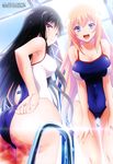  absurdres adjusting_clothes adjusting_swimsuit ass black_hair blue_eyes breast_squeeze breasts cleavage collarbone from_below higami_aya highres horikita_suzune ichinose_honami_(youjitsu) indoors large_breasts long_hair looking_at_viewer megami multiple_girls official_art open_mouth pool_ladder red_eyes smile swimsuit youkoso_jitsuryoku_shijou_shugi_no_kyoushitsu_e 