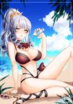  bare_arms bikini blue_nails blue_sky breasts carmilla_(fate/grand_order) cleavage cloud cloudy_sky cravat day fate/grand_order fate_(series) fingernails glint jewelry large_breasts long_hair looking_at_viewer lotion lotion_bottle mokokiyo_(asaddr) nail_polish navel necklace outdoors ponytail red_bikini revision sharp_fingernails silver_hair sitting sky solo summer summertime_mistress_(fate/grand_order) sunglasses swimsuit yellow_eyes 