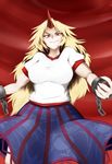  &gt;:) blonde_hair blue_skirt breasts chain commentary_request cowboy_shot cuffs floral_print horn hoshiguma_yuugi large_breasts long_hair looking_at_viewer pandain parted_lips red_eyes shackles shirt skirt smile solo touhou v-shaped_eyebrows veins wavy_hair white_shirt 