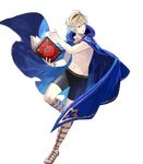  abs blonde_hair book cape fire_emblem fire_emblem_heroes fire_emblem_if full_body hairband highres leon_(fire_emblem_if) male_focus navel official_art open_mouth red_eyes sandals shirtless solo swimsuit tobi_(kotetsu) tomato transparent_background 