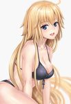 :d ahoge bare_shoulders bikini black_bikini blonde_hair blue_eyes breasts cleavage eyebrows_visible_through_hair fate/apocrypha fate_(series) front-tie_bikini front-tie_top grey_background hair_between_eyes halterneck highres jeanne_d'arc_(fate) jeanne_d'arc_(fate)_(all) large_breasts long_hair looking_at_viewer md5_mismatch open_mouth shinno simple_background smile solo swimsuit 