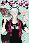  announcement antenna_hair bag black_shirt blue_background character_print closed_mouth glowstick headphones long_hair looking_to_the_side male_focus mascot merchandise naitou-kun nitro+_chiral polka_dot polka_dot_background red_eyes shirt shoulder_bag signature silver_hair simple_background sketch solo t-shirt towel towel_around_neck translation_request upper_body wristband yamada_uiro 