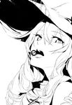  absurdres bangs candy character_request chewing_gum copyright_request cross duoyuanjun food greyscale gumball hair_between_eyes hat highres long_hair looking_at_viewer monochrome open_mouth ringlets simple_background skull solo teeth tongue upper_body witch_hat 
