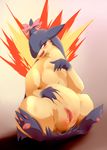  2017 blush bow claws digital_media_(artwork) drooling female feral fur hi_res hurikata licking licking_lips mammal nintendo nude pok&eacute;mon presenting presenting_pussy pussy red_eyes saliva simple_background smile solo toe_claws tongue tongue_out typhlosion video_games 