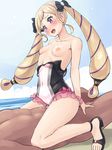  1girl beach blonde_hair boris_(noborhys) breasts clothed_sex clothing_aside cowgirl_position cum cum_in_pussy elise_(fire_emblem_if) fire_emblem fire_emblem_heroes fire_emblem_if girl_on_top hetero highres jewelry necklace ocean one-piece_swimsuit ribbon sex small_breasts solo_focus straddling swimsuit swimsuit_aside twintails underwear 
