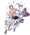  abs blonde_hair fire_emblem fire_emblem_heroes fire_emblem_if full_body highres injury lilith_(fire_emblem_if) male_focus marks_(fire_emblem_if) navel official_art open_mouth orange_eyes p-nekor sandals shirtless solo swimsuit teeth torn_clothes transparent_background water 