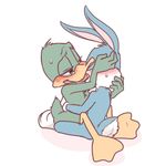  anthro avian bird blush buster_bunny chest_tuft clothing cub duck embrace feathers fur gloves half-closed_eyes lagomorph male male/male mammal nude plucky_duck rabbit simple_background sitting sweat tears tiny_toon_adventures tuft warner_brothers young zehn 