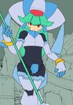 1girl android armor bodysuit capcom green_hair helmet pandora_(rockman) red_eyes rockman rockman_zx rockman_zx_advent tagme 