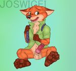  2017 anthro balls barefoot blush canine clothed clothing disney feet fox fur joswigei looking_at_viewer male mammal nick_wilde nude open_mouth paws penis solo zootopia 
