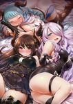  :d aqua_hair ass belt blue_eyes blush boots bottle braid breasts brown_hair closed_eyes commentary_request draph drooling drunk fingerless_gloves forte_(shingeki_no_bahamut) gloves granblue_fantasy hair_over_one_eye highres holding holding_bottle horns jpeg_artifacts lamretta large_breasts lavender_hair long_hair lying multiple_girls narmaya_(granblue_fantasy) no_shoes on_back on_side open_mouth panties pantyshot pleated_skirt pointy_ears skirt smile sweatdrop thigh_boots thigh_strap thighhighs thighs torn_clothes torn_legwear twin_braids underwear very_long_hair wavy_mouth wine_bottle zanzi 