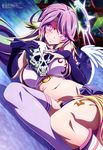  1girl absurdres animal_ears breasts breasts_apart crop_top dutch_angle elbow_gloves gloves gradient_hair halo hanzawa_jun head_tilt highres jibril_(no_game_no_life) large_breasts long_hair looking_at_viewer low_wings lying megami multicolored_hair navel no_game_no_life official_art on_side pink_eyes pink_hair purple_legwear scan single_thighhigh skull smile smirk solo thighhighs wings yellow_eyes 