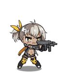  :&gt; ^_^ animated animated_gif bandana bangs black_legwear chibi closed_eyes closed_mouth crossed_bangs dual_wielding girls_frontline grey_hair gun holding holding_gun holding_weapon jacket jumping klin_(girls_frontline) laughing lowres machine_pistol official_art open_clothes open_jacket saru simple_background solo tsurime weapon white_background yellow_eyes 