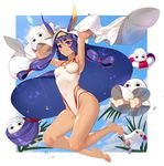  &lt;o&gt;_&lt;o&gt; armpits bare_shoulders barefoot closed_mouth covered_navel dark_skin earrings facial_mark fate/grand_order fate_(series) feet hairband highleg highleg_swimsuit highres hoop_earrings innertube jewelry long_hair looking_at_viewer medjed murakami_yuichi necklace nitocris_(fate/grand_order) nitocris_(swimsuit_assassin)_(fate) outdoors purple_eyes purple_hair swimsuit veil 