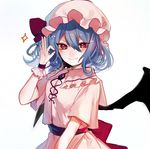  &gt;:) bat_wings blue_hair blush bow brooch closed_mouth commentary_request daimaou_ruaeru frilled_shirt_collar frills hair_between_eyes hat hat_bow highres jewelry looking_at_viewer mob_cap pink_shirt red_bow red_eyes remilia_scarlet sash shirt smile solo touhou upper_body v-shaped_eyebrows wings wrist_cuffs 