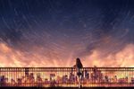  arm_support bare_legs black_hair blouse building city city_lights czy_(2894456992) dark from_behind long_hair looking_afar miniskirt night night_sky original outdoors railing school_uniform serafuku short_sleeves skirt sky skyline skyscraper solo standing star_(sky) star_trail starry_sky 