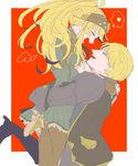  1girl arm_guards armor arms_around_neck arms_around_waist black_legwear blonde_hair blouse brother_and_sister clair_(fire_emblem) cleive closed_eyes face-to-face fire_emblem fire_emblem_echoes:_mou_hitori_no_eiyuuou heart helmet high_heels highres hug jumping long_hair looking_at_another matumuraaaa open_mouth ponytail profile red_background short_hair siblings simple_background sketch smile spoken_heart 