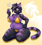  2017 5_fingers annoyed anthro belly big_belly big_breasts bikini black_fur black_hair breasts cat chest_tuft clothing eyelashes fangs feline female fur hair hand_on_hip inner_ear_fluff kate kneeling looking_down mammal multicolored_fur navel nipple_bulge orange_background overweight pink_nose purple_fur simple_background slightly_chubby solo striped_tail stripes swimsuit teckworks thick_thighs tree tuft wardrobe_malfunction white_fur wide_hips yellow_eyes 